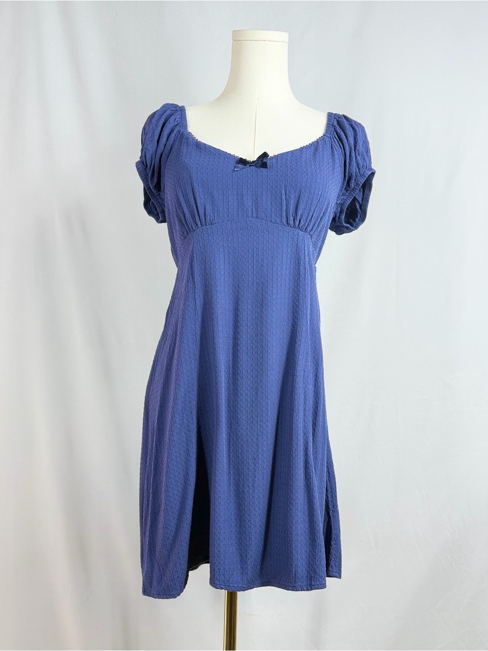 Self E Blue Mini Dress Large Cottagecore Coquette Milkmaid Puff Sleeve Bow Rayon